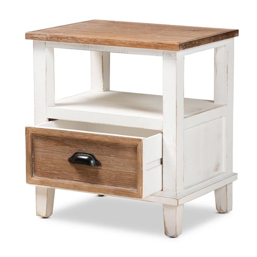 Baxton Studio Glynn Rustic Farmhouse Weathered Two-Tone White and Oak Brown Finished Wood 1-Drawer Nightstand